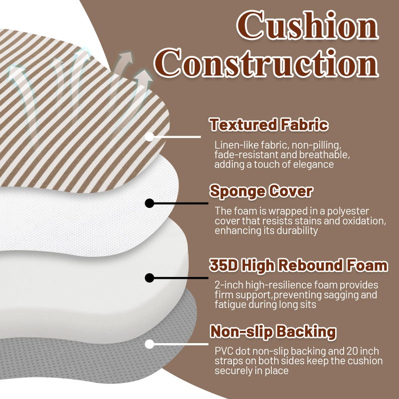 PRONOUS Brown Striped Winsor Chair Cushions with Ties, Dining Kitchen Chair Seat Pads Non Slip Removable Washable Cover 17"x16" Set of 2 - Image 3