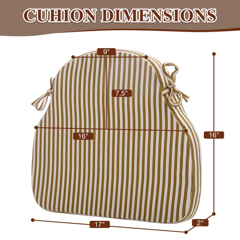 PRONOUS Brown Striped Winsor Chair Cushions with Ties, Dining Kitchen Chair Seat Pads Non Slip Removable Washable Cover 17"x16" Set of 2 - Image 2