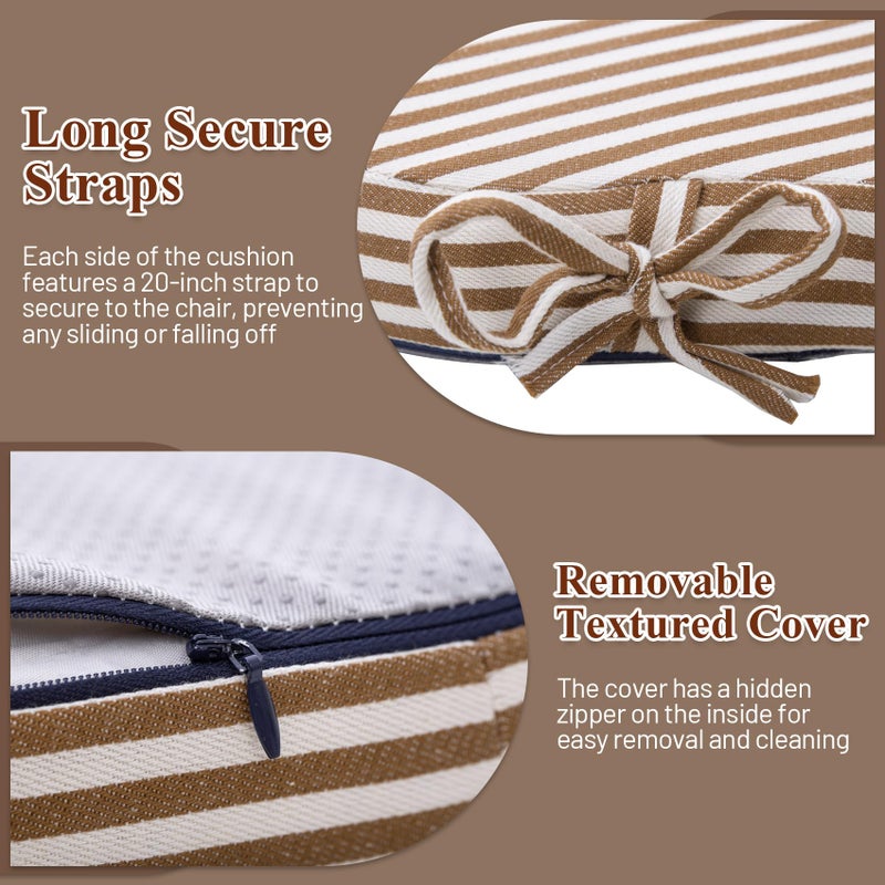 PRONOUS Brown Striped Winsor Chair Cushions with Ties, Dining Kitchen Chair Seat Pads Non Slip Removable Washable Cover 17"x16" Set of 2 - Image 4