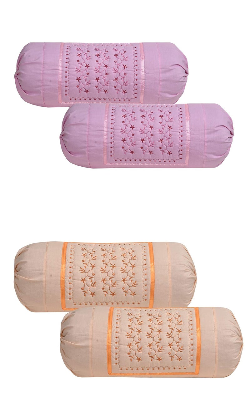 HSR Collection Embroidered Cotton Bolster Round Pillow Covers (Pack of 4, Pink, Orange) - Image 1