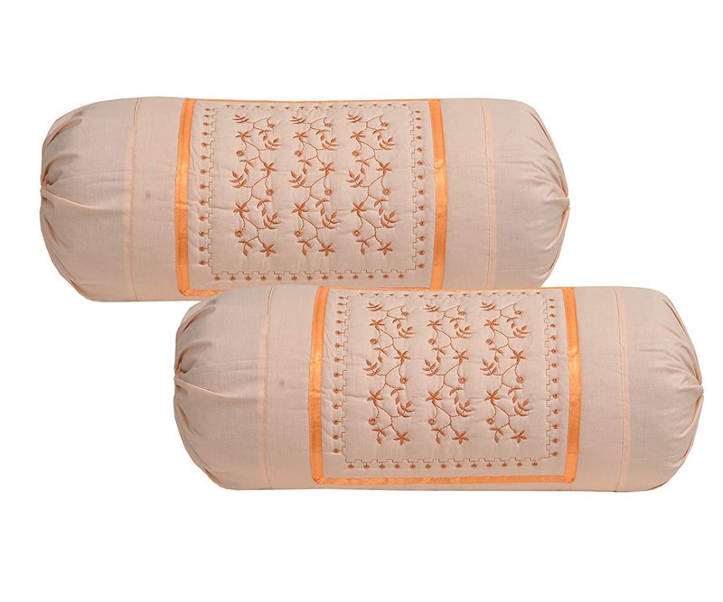 HSR Collection Embroidered Cotton Bolster Round Pillow Covers (Pack of 4, Pink, Orange) - Image 3