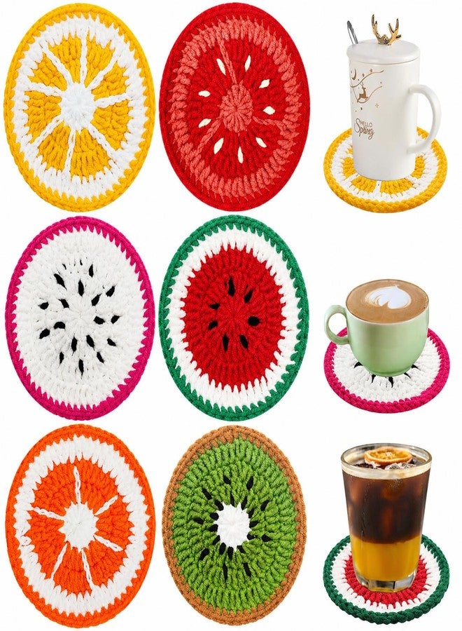 DLAND 6 Pcs Crochet Fruit Coasters, Cute Handmade Cloth Coasters for Drinks, Funny Coffee Table Decor, Knitted Cup Mats for Home Kitchen Office, Washable Drink Coaster Set - Image 1