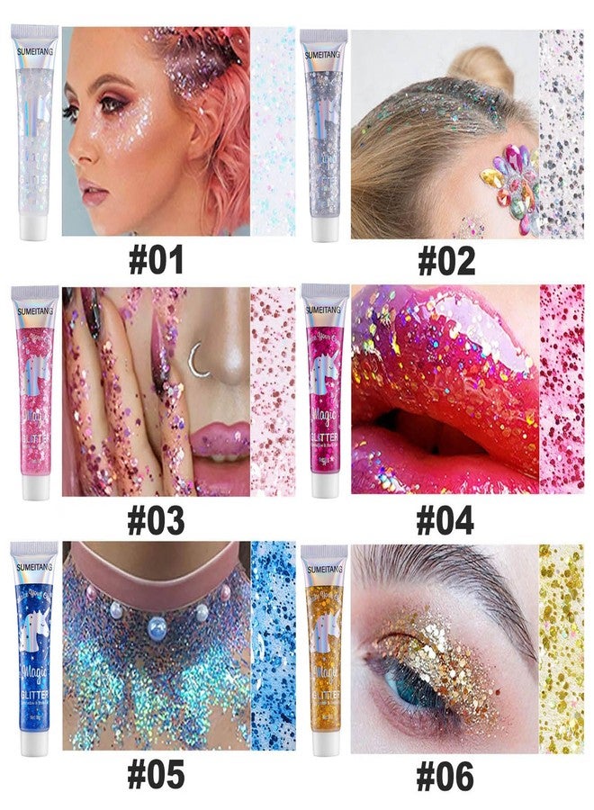 SUMEITANG 6PCS Red Face Body Glitter Gel，Holographic Chunky Sequins Body Glitter Paint for Party Singer Concerts Music Festival Rave Accessories for Girls Women Face Body DIY Sparkling Makeup - Image 3