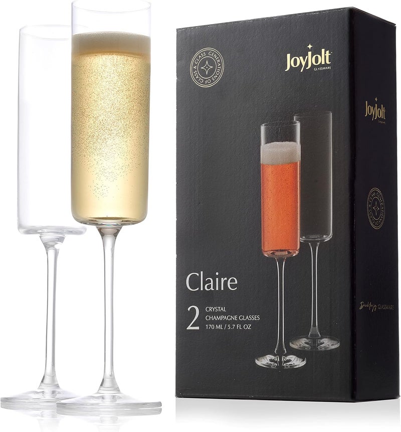 JoyJolt Champagne Flutes, Claire Collection Crystal Champagne Glasses Set of 2, 5.7 Ounce Capacity, Exquisite Craftsmanship, Ideal for Home Bar, Special Occasions – Made in Europe - Image 1