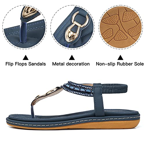 SHIBEVER Sandals for Women Ankle T-Strap Thong Elastic Back Casual Bohemian Beach Flats Shoes Flip Flops Sandal Navy Blue 8 - Image 3