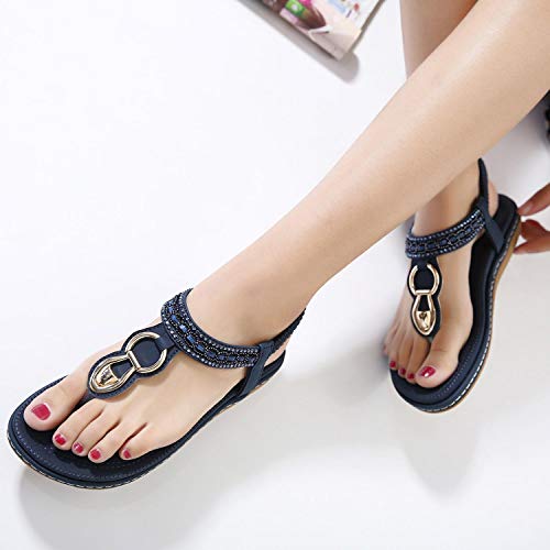 SHIBEVER Sandals for Women Ankle T-Strap Thong Elastic Back Casual Bohemian Beach Flats Shoes Flip Flops Sandal Navy Blue 8 - Image 5