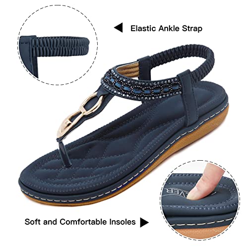 SHIBEVER Sandals for Women Ankle T-Strap Thong Elastic Back Casual Bohemian Beach Flats Shoes Flip Flops Sandal Navy Blue 8 - Image 4