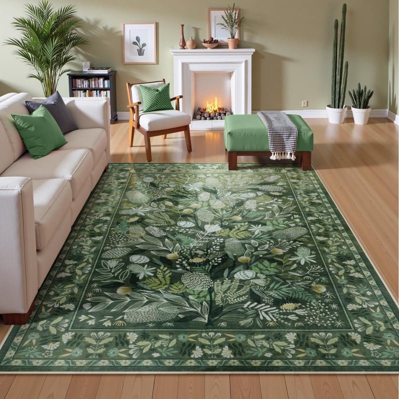 Anidaroel Green Botanical Floral Washable 5x7 Area Rugs, Abstract Large Rugs for Living Room Non-Slip Soft Modern Rugs for Bedroom, Stain Resistant Accent Floor Carpet for Dining Room Entryway - Image 2