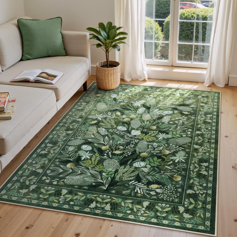 Anidaroel Green Botanical Floral Washable 5x7 Area Rugs, Abstract Large Rugs for Living Room Non-Slip Soft Modern Rugs for Bedroom, Stain Resistant Accent Floor Carpet for Dining Room Entryway - Image 1