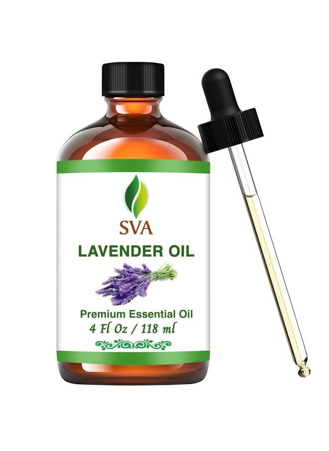 SVA Organics - SVA Lavender Essential Oil – 4 Fl Oz – 100% Natural Lavender Oil - for Diffuser, Hair Care, Face, Skin Care, Aromatherapy, Scalp and Body Massage, Soap and Candle Making – with Dropper - Image 1
