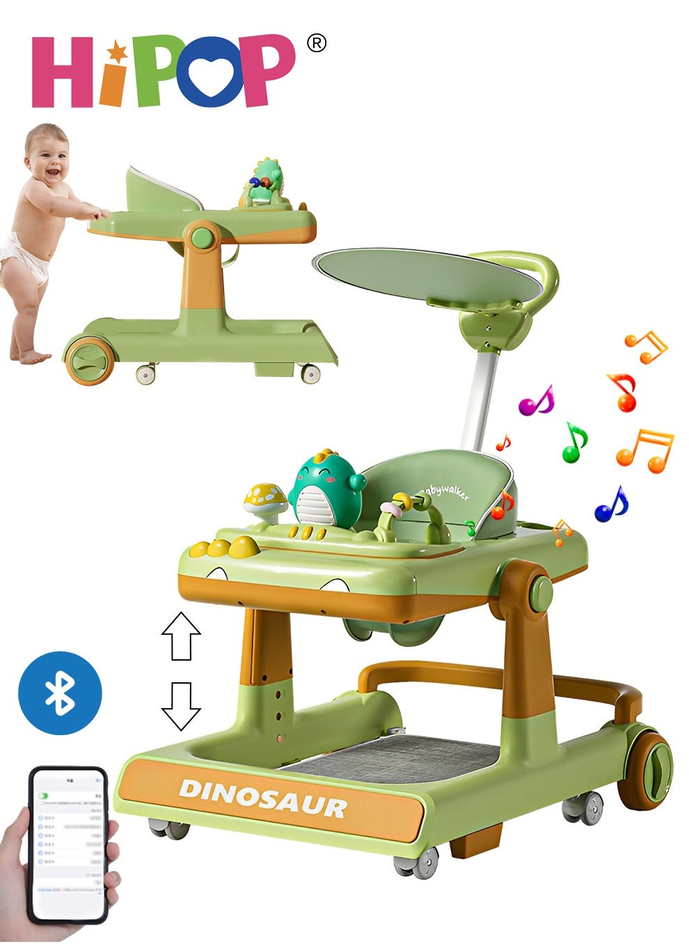 Baby Walker with Bluetooth Link and Adjustable Height,3 in 1 Prevent O-Legs,Include Attractive Toys And Entertaining Music,Anti-Rollover Baby Strollers 