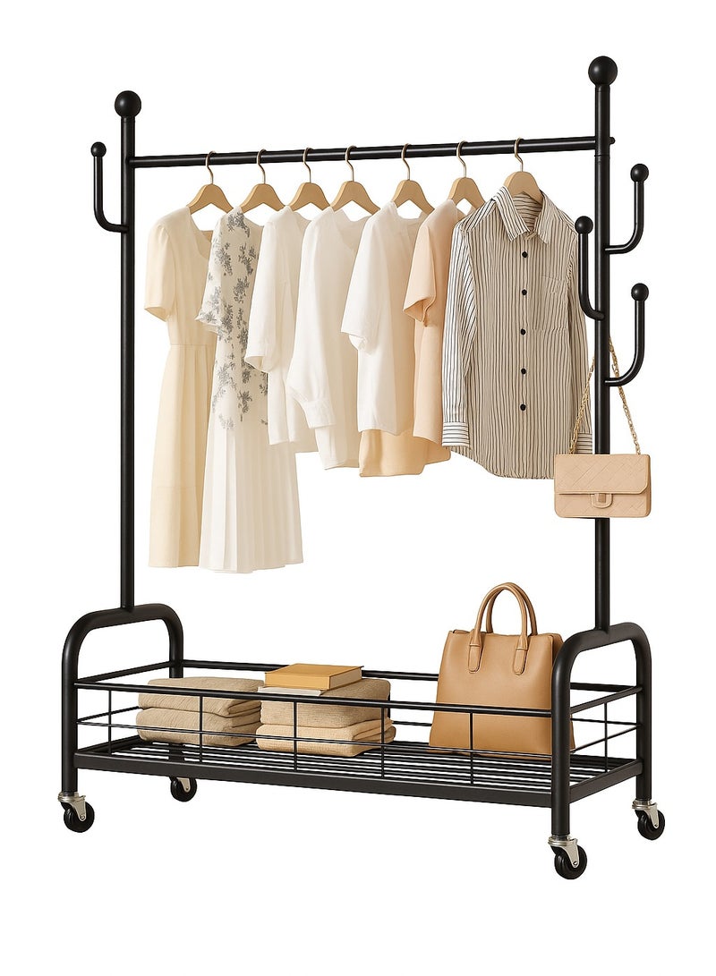 Living Black Steel Clothes Rack with Wheels and Bottom Shelf - 100x34x156 cm - Heavy-Duty Garment Organizer for Bedroom and Entryway 