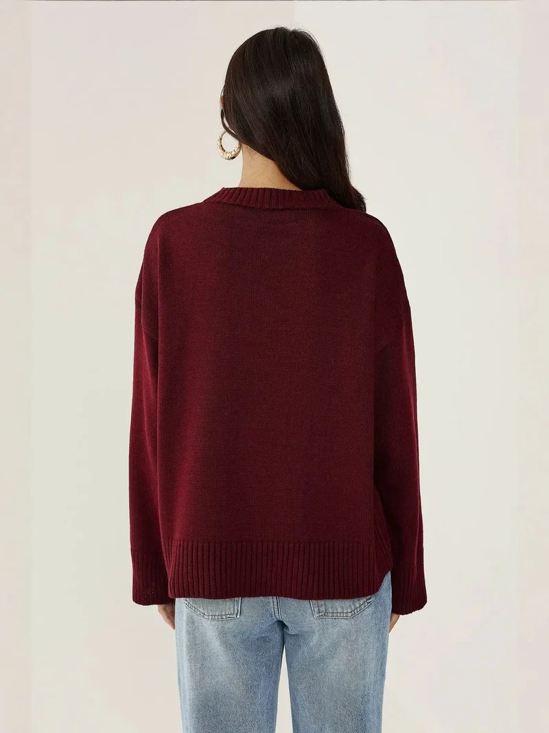 Hiccup Burgundy Red Crew Neck Cozy Sweater for Women | Best Price UAE