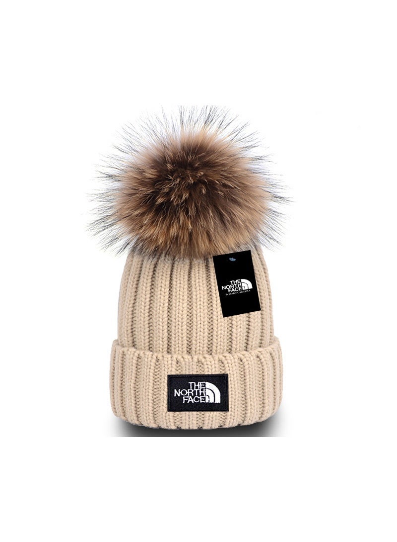 The North Face Knitted Beanie with Real Fur Pom - Beige, Warm and Stylish