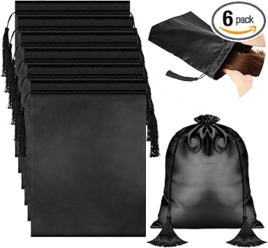 Shappy 6 قطع أكياس باروكة ساتان ناعمة وحريرية مع حبال سحب مزينة بتعليق لتغليف وصلات الشعر وأكياس باروكات وأدوات الشعر لتخزينها للاستخدام المنزلي والصالونات باللون الأسود - Image 1