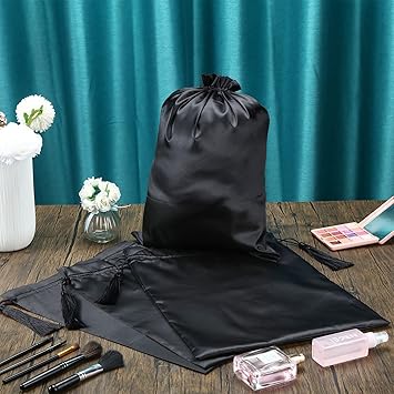 Shappy 6 قطع أكياس باروكة ساتان ناعمة وحريرية مع حبال سحب مزينة بتعليق لتغليف وصلات الشعر وأكياس باروكات وأدوات الشعر لتخزينها للاستخدام المنزلي والصالونات باللون الأسود - Image 4