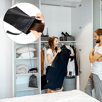 Shappy 6 قطع أكياس باروكة ساتان ناعمة وحريرية مع حبال سحب مزينة بتعليق لتغليف وصلات الشعر وأكياس باروكات وأدوات الشعر لتخزينها للاستخدام المنزلي والصالونات باللون الأسود - Image 5