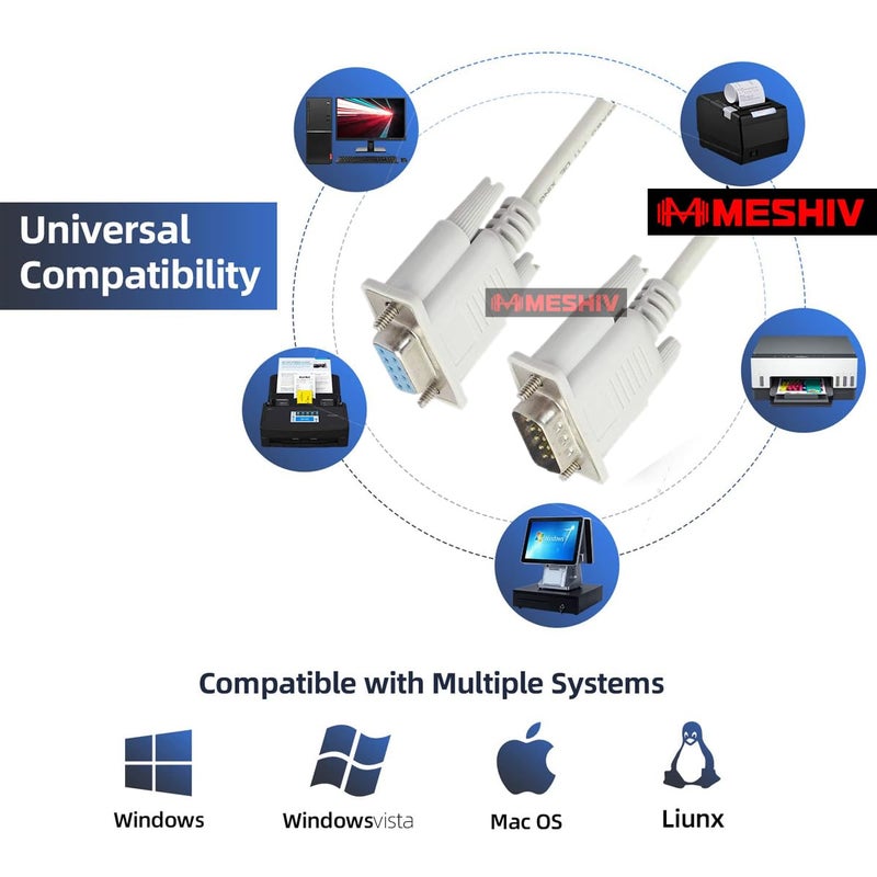 MESHIV كابل تحويل تمديد 9 دبوس ذكر إلى 9 دبوس أنثى تسلسلي DB9 RS232 ذكر إلى أنثى (أبيض - 10 متر) - Image 2