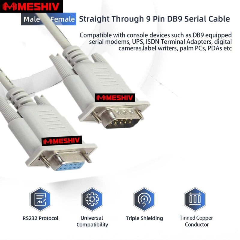 MESHIV كابل تحويل تمديد 9 دبوس ذكر إلى 9 دبوس أنثى تسلسلي DB9 RS232 ذكر إلى أنثى (أبيض - 10 متر) - Image 3