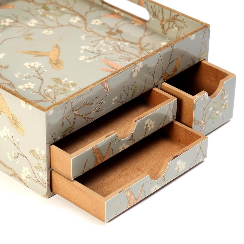 DULI صينية تخزين متعددة الاستخدامات من MDF مع ثلاثة أدراج | صينية متعددة الأغراض | منظم مكتبي مدمج | مقاومة للماء والحرارة ودائمة 25L X 25B X 12H (سم) (صينية الأدراج: الطيور الفضية) - Image 4