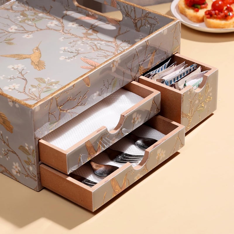 DULI صينية تخزين متعددة الاستخدامات من MDF مع ثلاثة أدراج | صينية متعددة الأغراض | منظم مكتبي مدمج | مقاومة للماء والحرارة ودائمة 25L X 25B X 12H (سم) (صينية الأدراج: الطيور الفضية) - Image 3