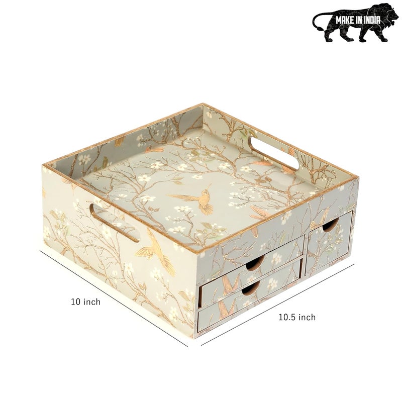 DULI صينية تخزين متعددة الاستخدامات من MDF مع ثلاثة أدراج | صينية متعددة الأغراض | منظم مكتبي مدمج | مقاومة للماء والحرارة ودائمة 25L X 25B X 12H (سم) (صينية الأدراج: الطيور الفضية) - Image 5