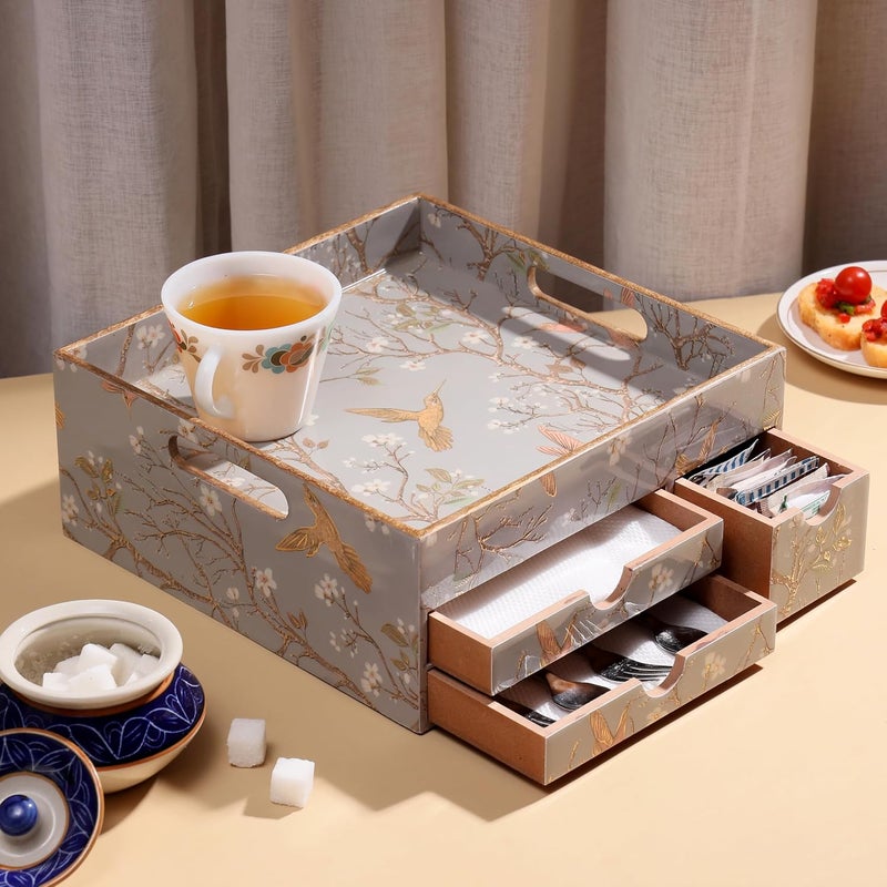 DULI صينية تخزين متعددة الاستخدامات من MDF مع ثلاثة أدراج | صينية متعددة الأغراض | منظم مكتبي مدمج | مقاومة للماء والحرارة ودائمة 25L X 25B X 12H (سم) (صينية الأدراج: الطيور الفضية) - Image 2