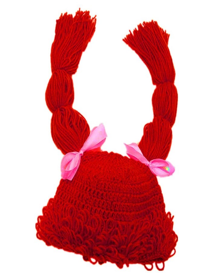 BIBITIME Knitted Pigtail Wig Beanie Handmade Women Girl's Braid Hat Bowknot Cap (X-Small, Red) - Image 1