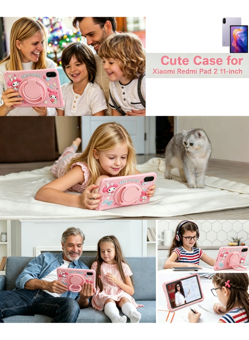 Slim Case for Xiaomi Redmi Pad 2 11-inch Ultra-Thin Soft Silicone Shell Ultra Slim Lightweight Protective Cover with 360°Rotating Hand Strap Adjustable Ring Stand & Handle, Drop Protection, Cute Cartoon/Kawaii Doll Cover for Kids Girls, Cute Doll Pink - Image 2