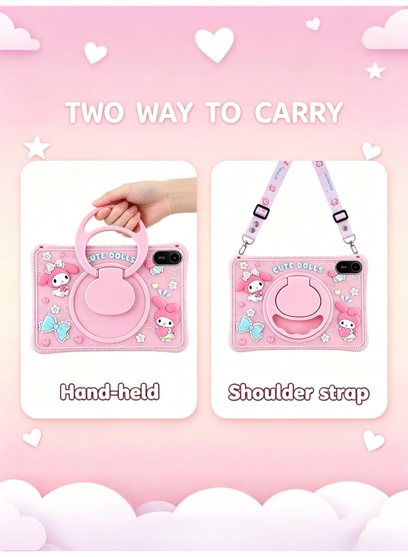 Slim Case for Xiaomi Redmi Pad 2 11-inch Ultra-Thin Soft Silicone Shell Ultra Slim Lightweight Protective Cover with 360°Rotating Hand Strap Adjustable Ring Stand & Handle, Drop Protection, Cute Cartoon/Kawaii Doll Cover for Kids Girls, Cute Doll Pink - Image 3