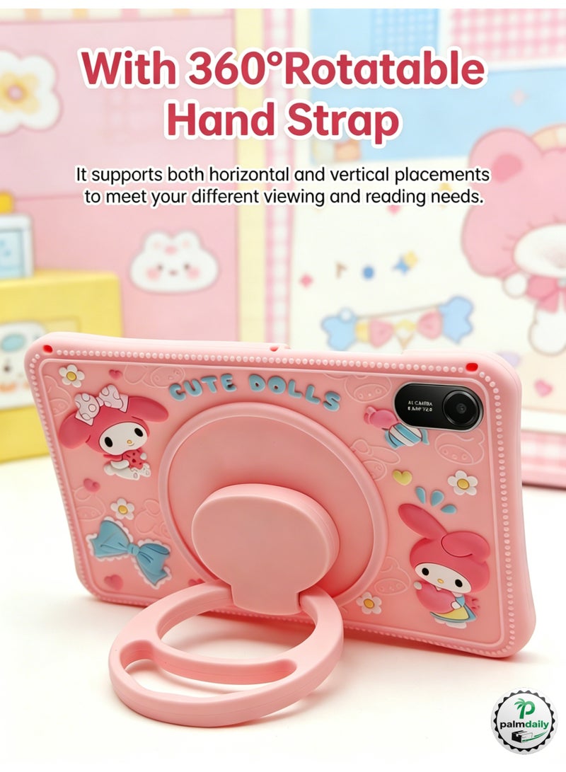 Slim Case for Xiaomi Redmi Pad 2 11-inch Ultra-Thin Soft Silicone Shell Ultra Slim Lightweight Protective Cover with 360°Rotating Hand Strap Adjustable Ring Stand & Handle, Drop Protection, Cute Cartoon/Kawaii Doll Cover for Kids Girls, Cute Doll Pink - Image 4