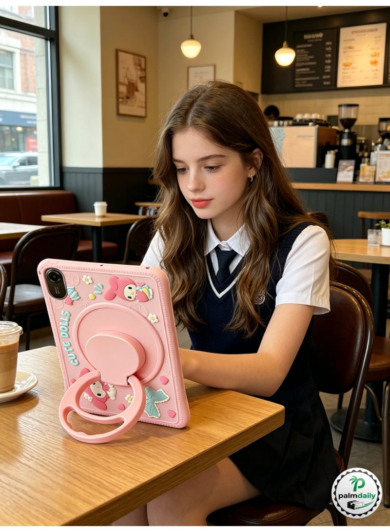 Slim Case for Xiaomi Redmi Pad 2 11-inch Ultra-Thin Soft Silicone Shell Ultra Slim Lightweight Protective Cover with 360°Rotating Hand Strap Adjustable Ring Stand & Handle, Drop Protection, Cute Cartoon/Kawaii Doll Cover for Kids Girls, Cute Doll Pink - Image 5
