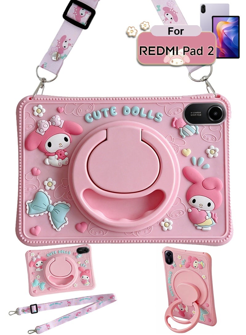 Slim Case for Xiaomi Redmi Pad 2 11-inch Ultra-Thin Soft Silicone Shell Ultra Slim Lightweight Protective Cover with 360°Rotating Hand Strap Adjustable Ring Stand & Handle, Drop Protection, Cute Cartoon/Kawaii Doll Cover for Kids Girls, Cute Doll Pink - Image 1