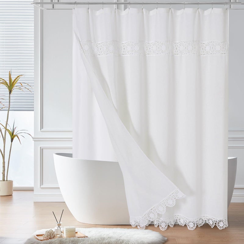 Gibelle Boho Farmhouse Shower Curtain Set Linen Cotton Fabric Shower Curtain with Macrame Lace Decor Modern Bohemian French Country Chic Bathroom Curtain with PEVA Liner 72x72  White
