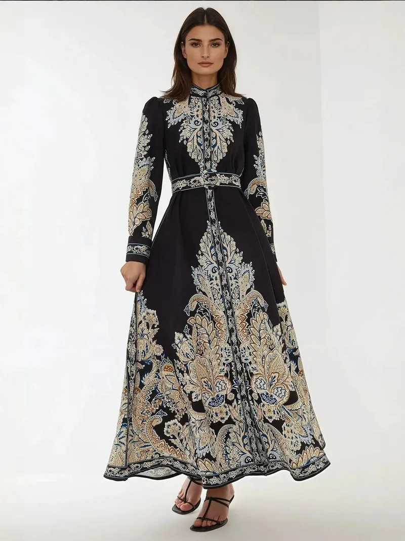 HICCUP Printed A-Form Maxi Dress with Belt