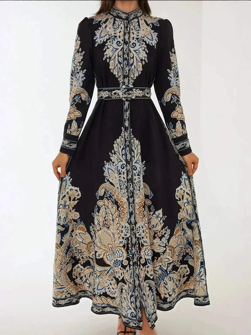 HICCUP Printed A-Form Maxi Dress with Belt