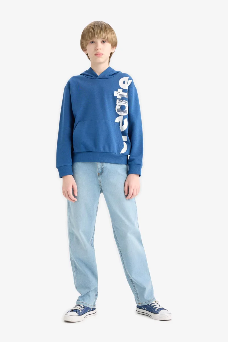 ديفاكتو Boy Hooded Kangaroo Pocket Printed Sweatshirt