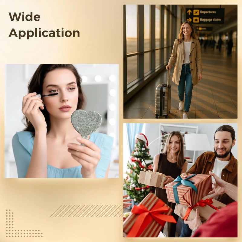 مرآة يدوية على شكل قلب مزينة بالزهور الكريستالية اللامعة، مرآة سفر محمولة للنساء، مرآة تجميلية لطيفة، أبعادها 6.3 × 4.3 بوصة، لونها أبيض - Image 2