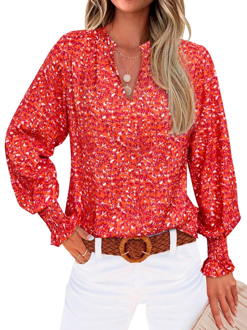 MASCOMODA Womens V Neck Floral Long Sleeve Tops 2026 Summer Casual Loose Puff Sleeve Chiffon Boho Work Blouse Dressy T Shirts(Orange Red Flower,Large) - Image 1