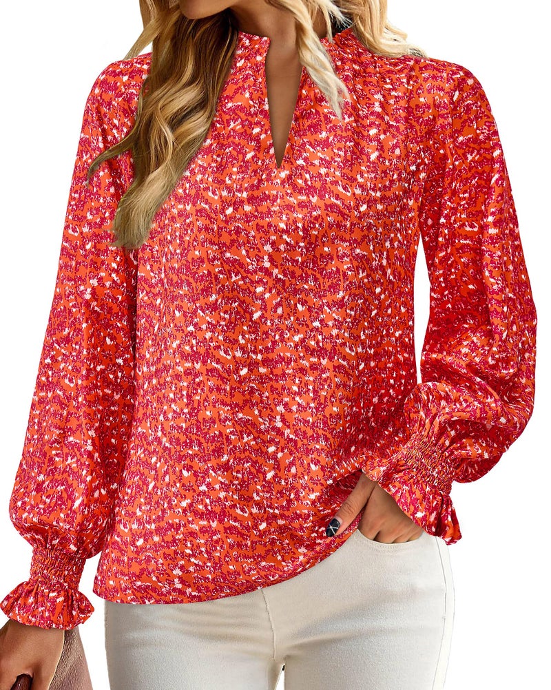MASCOMODA Womens V Neck Floral Long Sleeve Tops 2026 Summer Casual Loose Puff Sleeve Chiffon Boho Work Blouse Dressy T Shirts(Orange Red Flower,Large) - Image 4