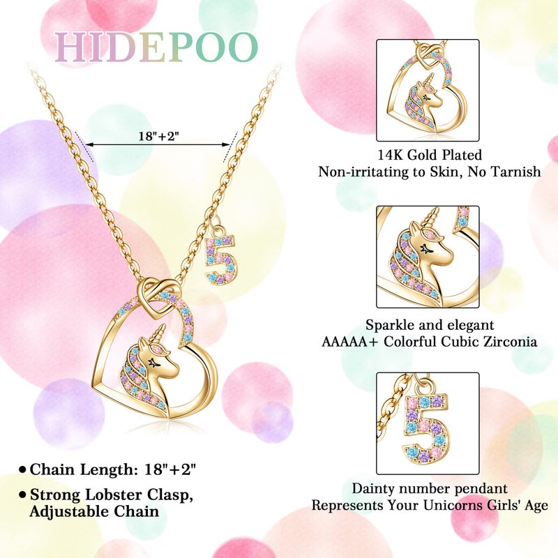 Hidepoo Unicorn Necklace, 14K Gold Plated Heart Pendant with Colorful CZ Crystals, Birthday Gifts for 5 Year Old Girls - Image 5