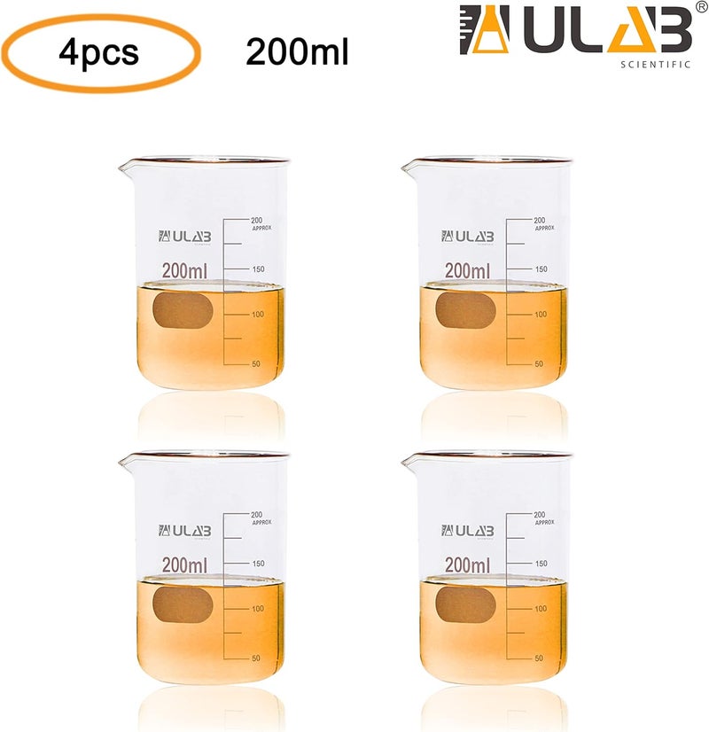 ULAB Scientific Glass Beakers, Vol. 200ml, 3.3 Borosilicate Griffin Low Form with Printed Graduation, Pack of 4, UBG1032 - Image 2