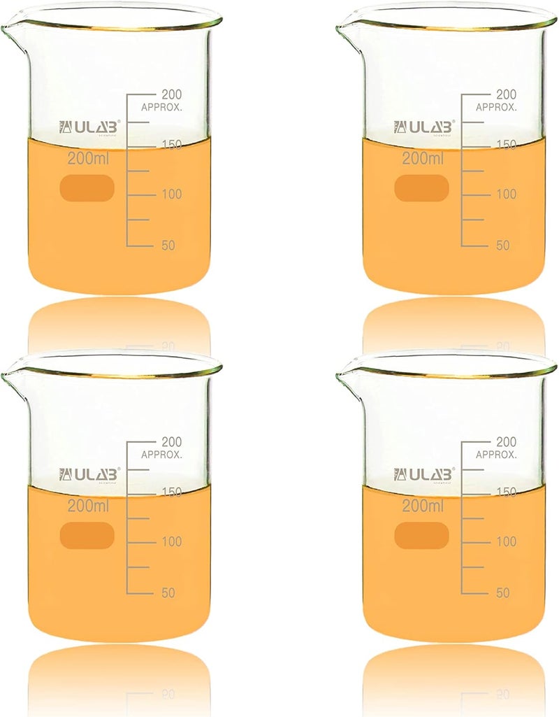 ULAB Scientific Glass Beakers, Vol. 200ml, 3.3 Borosilicate Griffin Low Form with Printed Graduation, Pack of 4, UBG1032 - Image 1