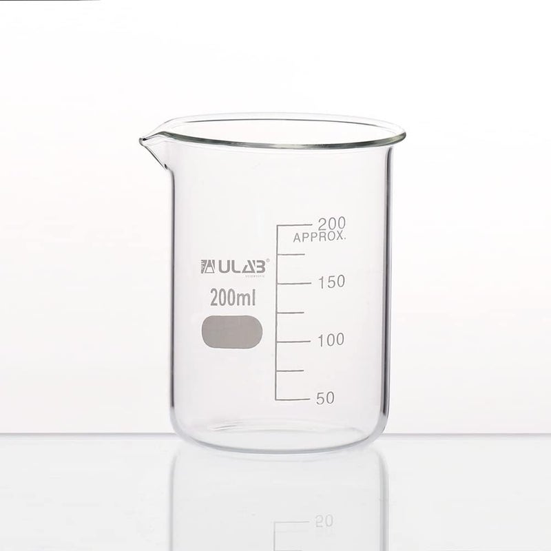 ULAB Scientific Glass Beakers, Vol. 200ml, 3.3 Borosilicate Griffin Low Form with Printed Graduation, Pack of 4, UBG1032 - Image 3