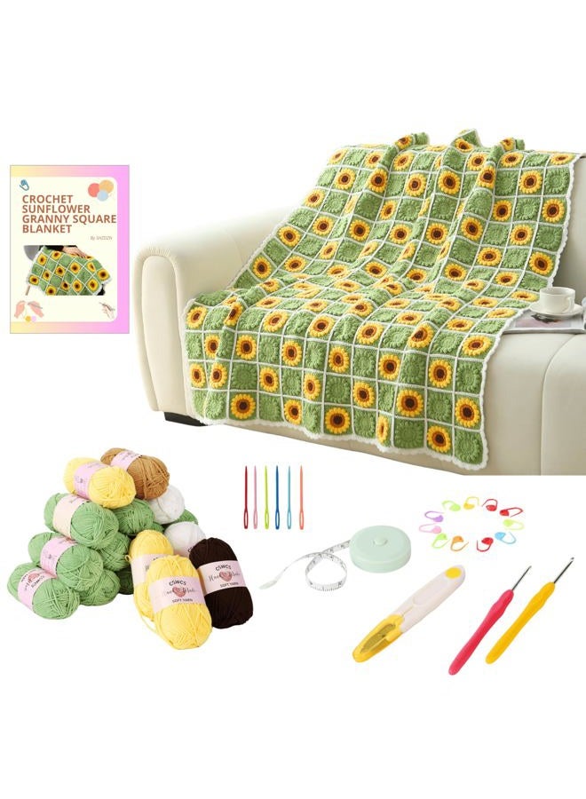 CSWCS Crochet Sunflower Blanket Kit for Beginners, Granny Square Pattern Crochet Yarn Accessories, Instructions Video for Starter, Adult Craft Knitting Kit for DIY Women (Green Sunflower) - Image 1
