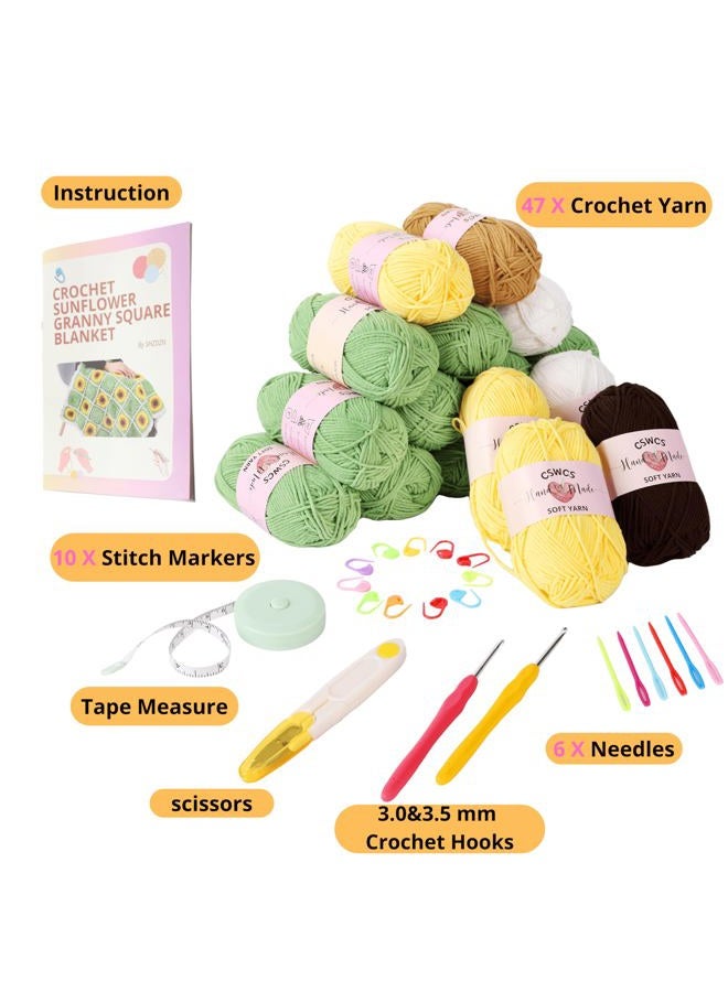 CSWCS Crochet Sunflower Blanket Kit for Beginners, Granny Square Pattern Crochet Yarn Accessories, Instructions Video for Starter, Adult Craft Knitting Kit for DIY Women (Green Sunflower) - Image 2