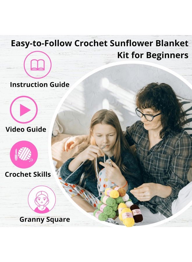 CSWCS Crochet Sunflower Blanket Kit for Beginners, Granny Square Pattern Crochet Yarn Accessories, Instructions Video for Starter, Adult Craft Knitting Kit for DIY Women (Green Sunflower) - Image 4