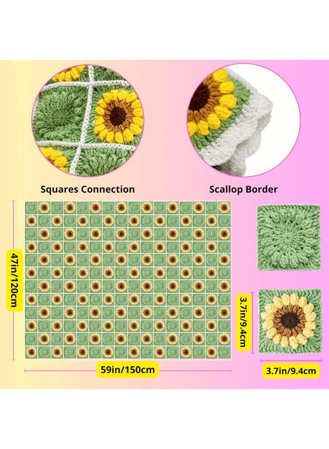 CSWCS Crochet Sunflower Blanket Kit for Beginners, Granny Square Pattern Crochet Yarn Accessories, Instructions Video for Starter, Adult Craft Knitting Kit for DIY Women (Green Sunflower) - Image 3