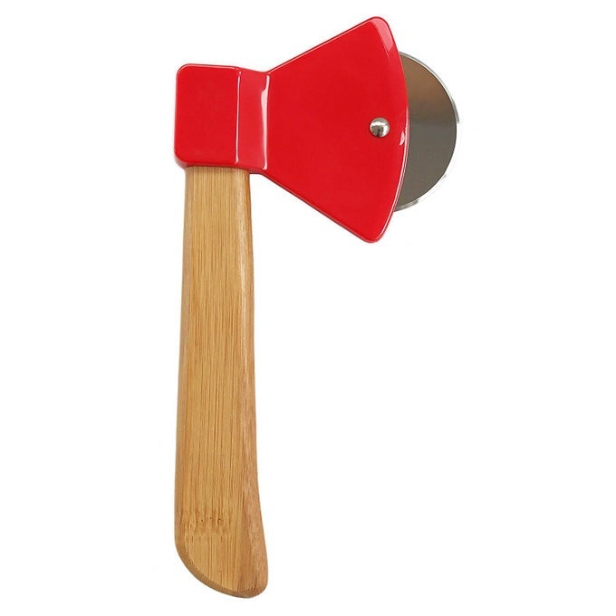 AXE PIZZA CUTTER WITH BAMBOO HANDLE AND SHARP ROTATING BLADE THACHERS NOOK