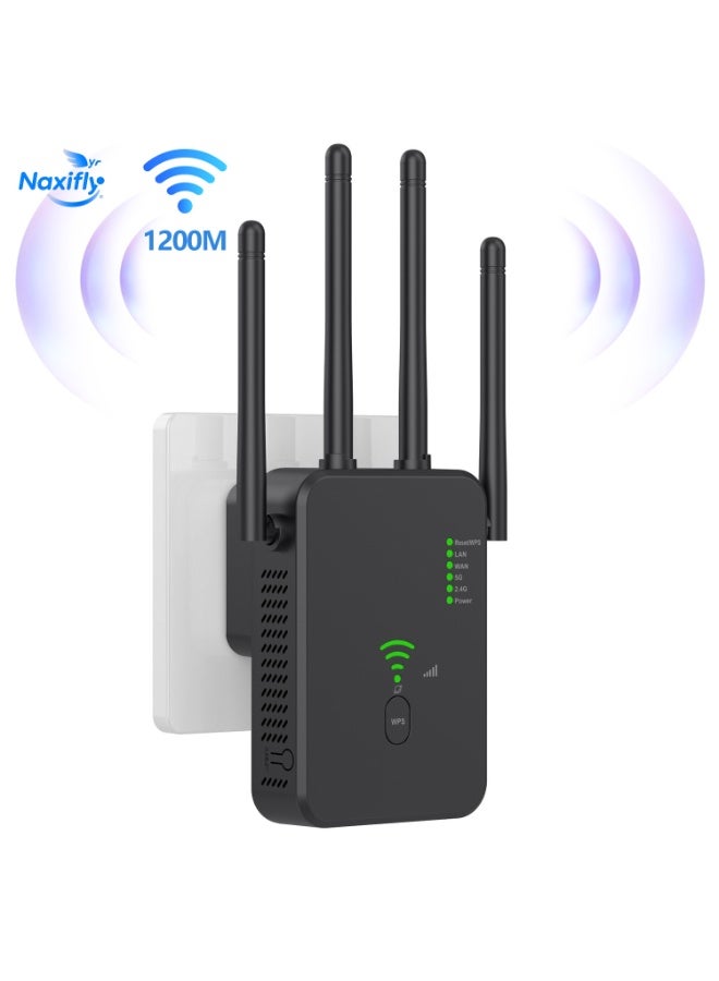 Naxifly WiFi Range Extender, 1200M Wireless Router,Wifi Repeater,Ac Dual Band 2.4 Anti-Interference,Wps Function One Click Interconnection,Can Connect to Desktop/Wireless Internet Simultaneously(black) - Image 1